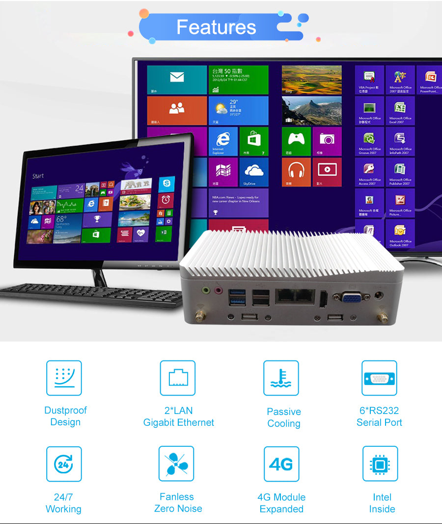 Fanless Industrial Mini PC Intel N100 |8G DDR4|256G SSD|Dual Lan|6 Com |6SUB|Dual Display for Car Parking System