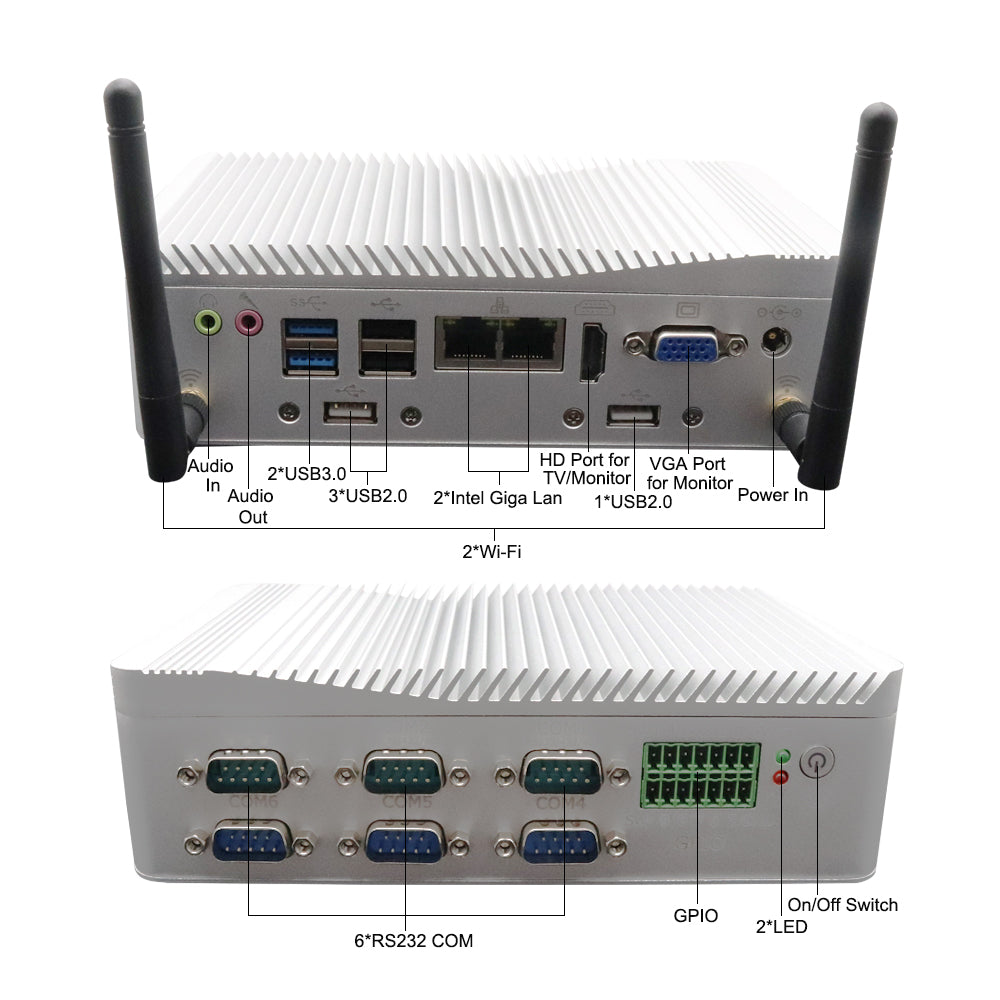 Fanless Industrial Mini PC Intel N100 |8G DDR4|256G SSD|Dual Lan|6 Com |6SUB|Dual Display for Car Parking System