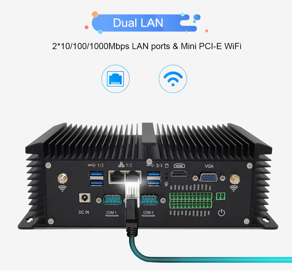 Hummlink G4 Fanless Industrial Mini PC | Intel Core i7-8550U / i5-8250U | Dual LAN | 2 COM | Dual Display | Industrial Automation