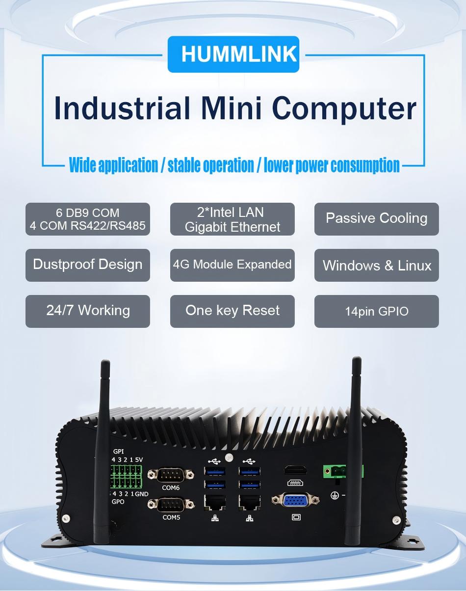 Hummlink G8 Fanless Industrial Mini PC | Intel Core i5-8250U / i7-8560U / i5-10210U / i7-10510U | Dual 2.5G LAN | 6 COM | RS422/RS485 | GPIO | Industrial Automation