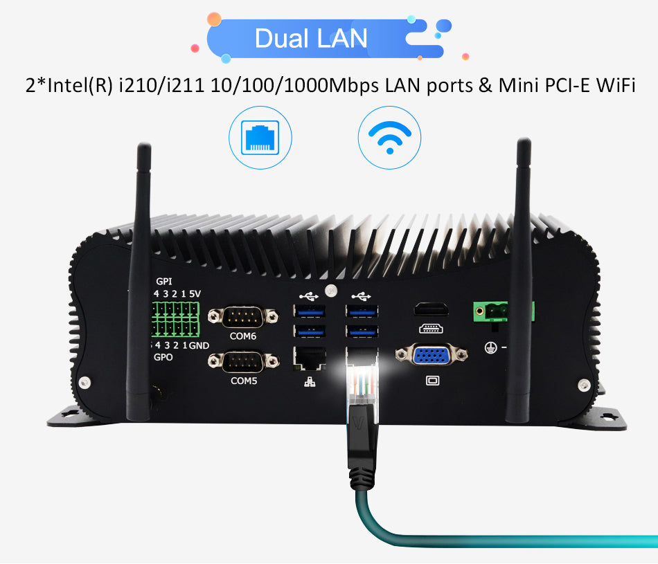 Hummlink G8 Fanless Industrial Mini PC | Intel Core i5-8250U / i7-8560U / i5-10210U / i7-10510U | Dual 2.5G LAN | 6 COM | RS422/RS485 | GPIO | Industrial Automation